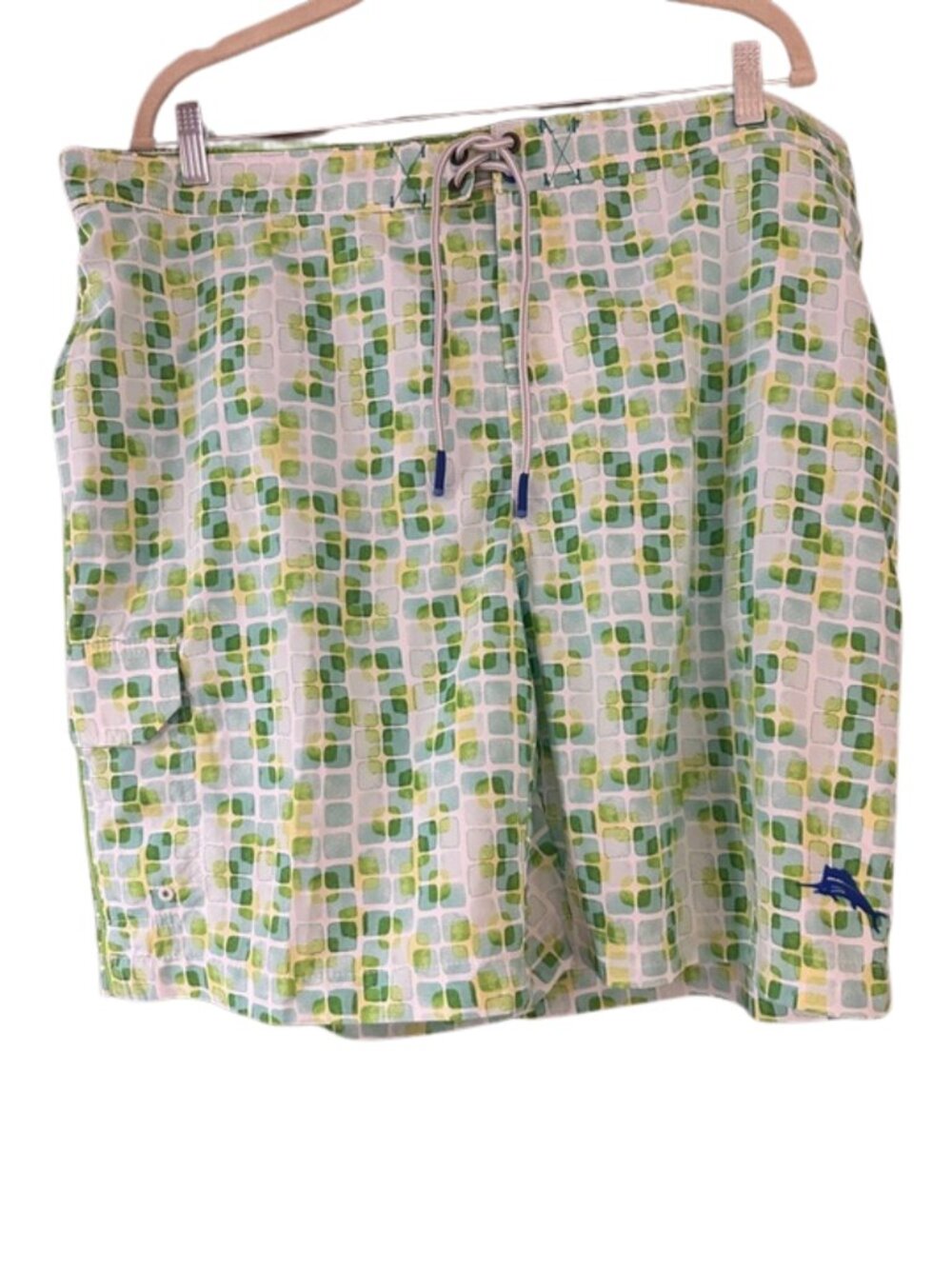 Tommy Bahama Swim Trunks Green Blue Tile Print Board Shorts Mens Lined